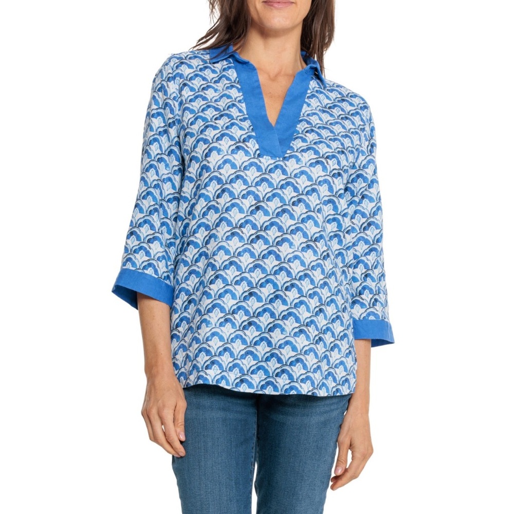 New! SIGRID OLSEN Linen collared shirt 3/4 sleeves in Amalfi Blue size M